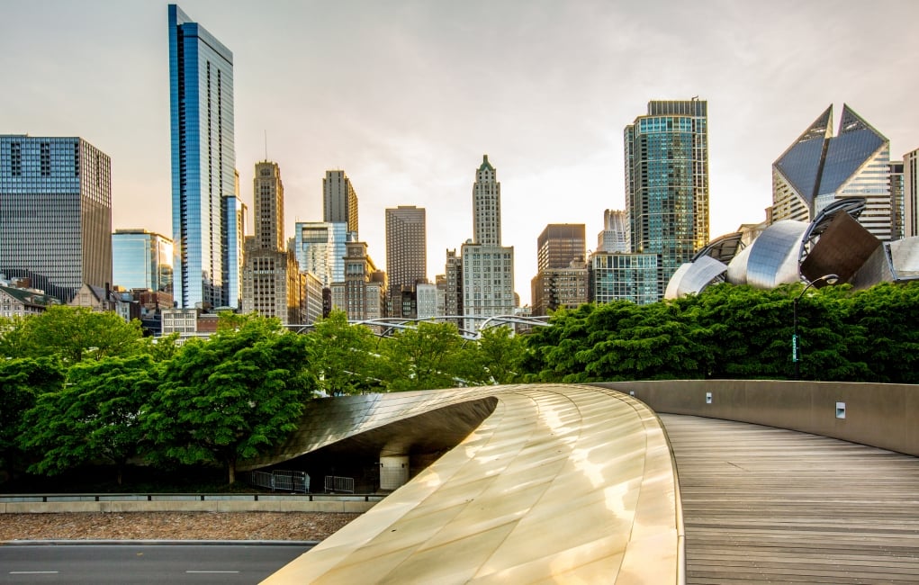 The foot bridge leading to Millennium Park in Chicago.